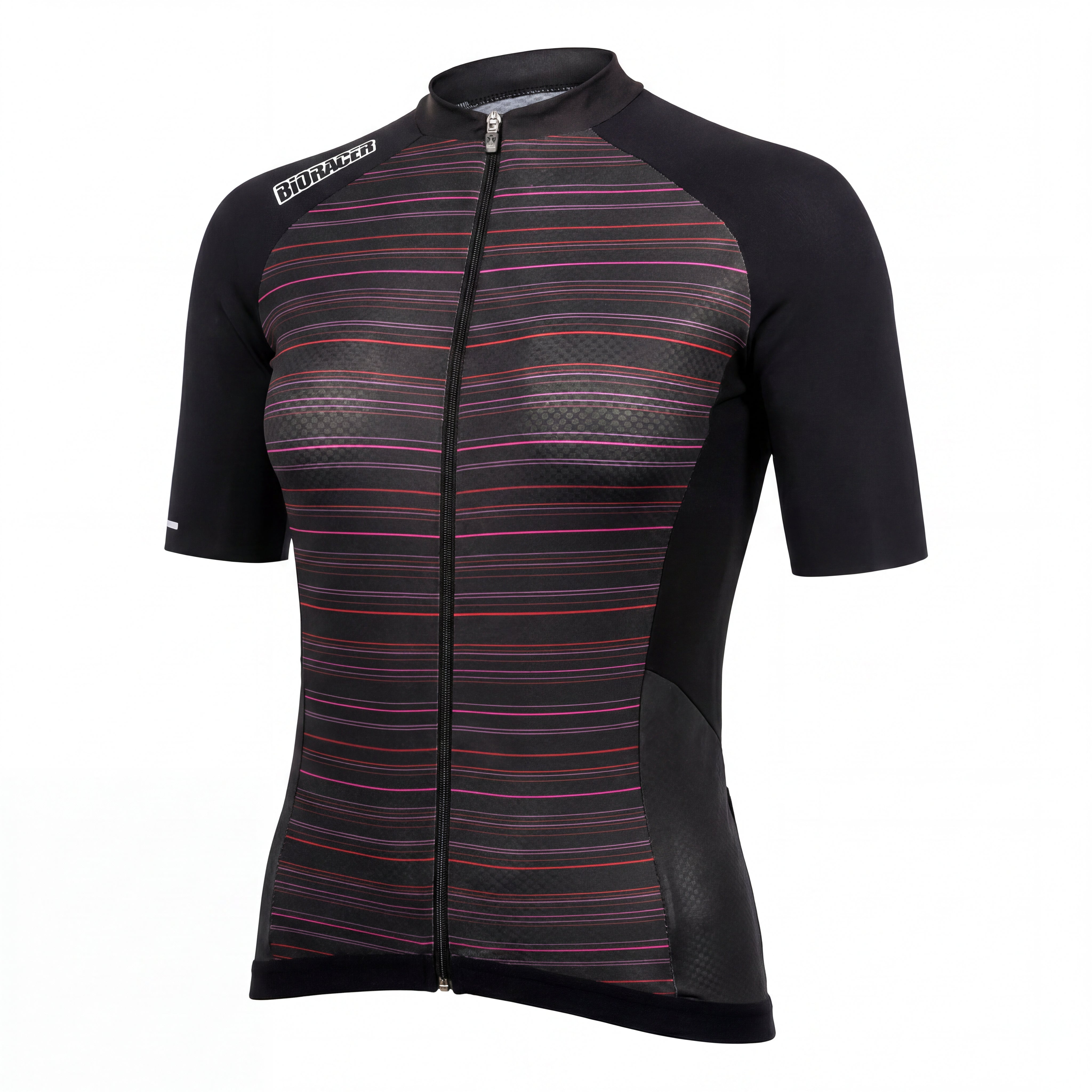 Jersey Feminino Ciclismo Bioracer Sprinter Coldblack Light Preto e Listras Vermelhas - Tamanho M / Novo