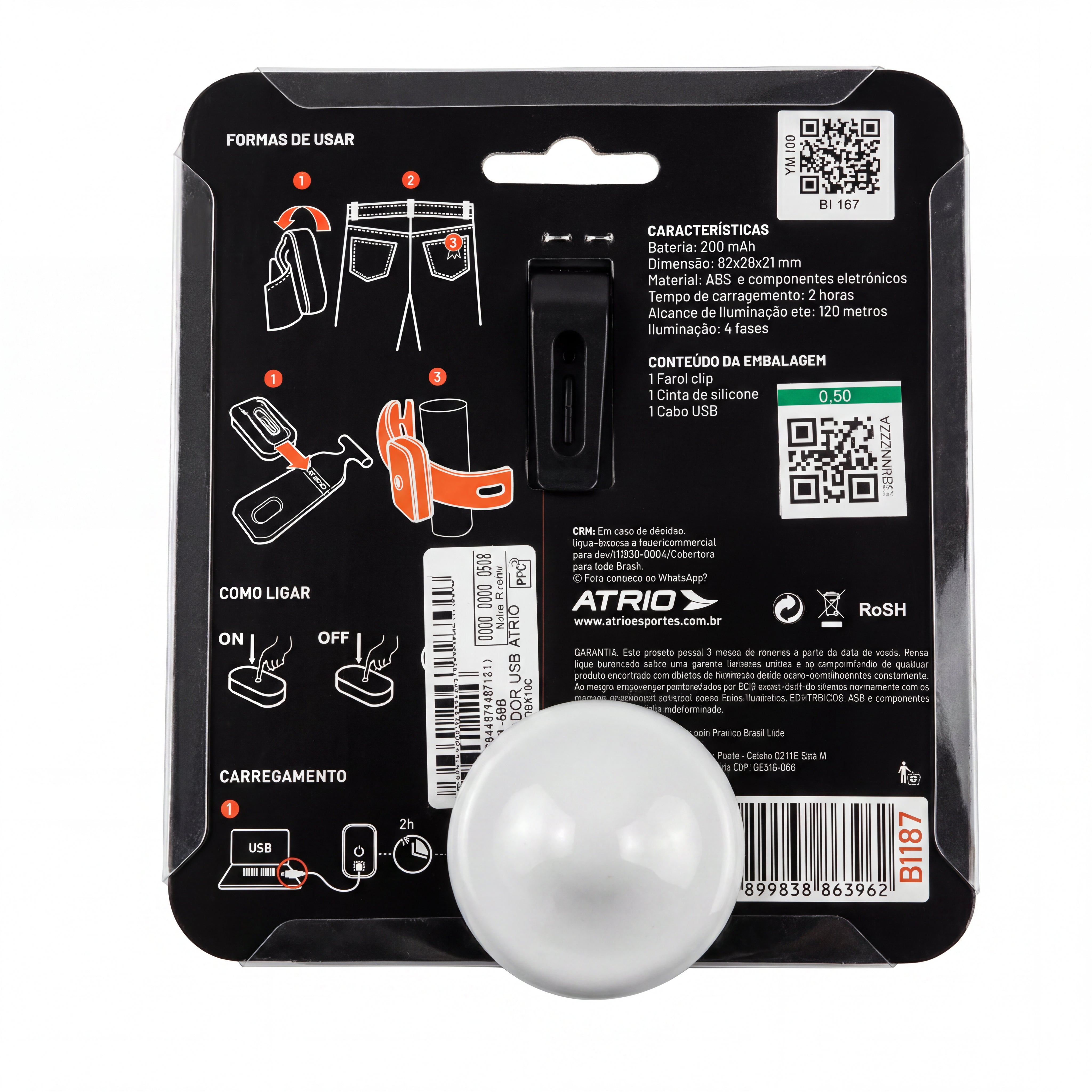 Farol Clip Dianteiro USB Unissex Ciclismo Atrio BI187 Preto