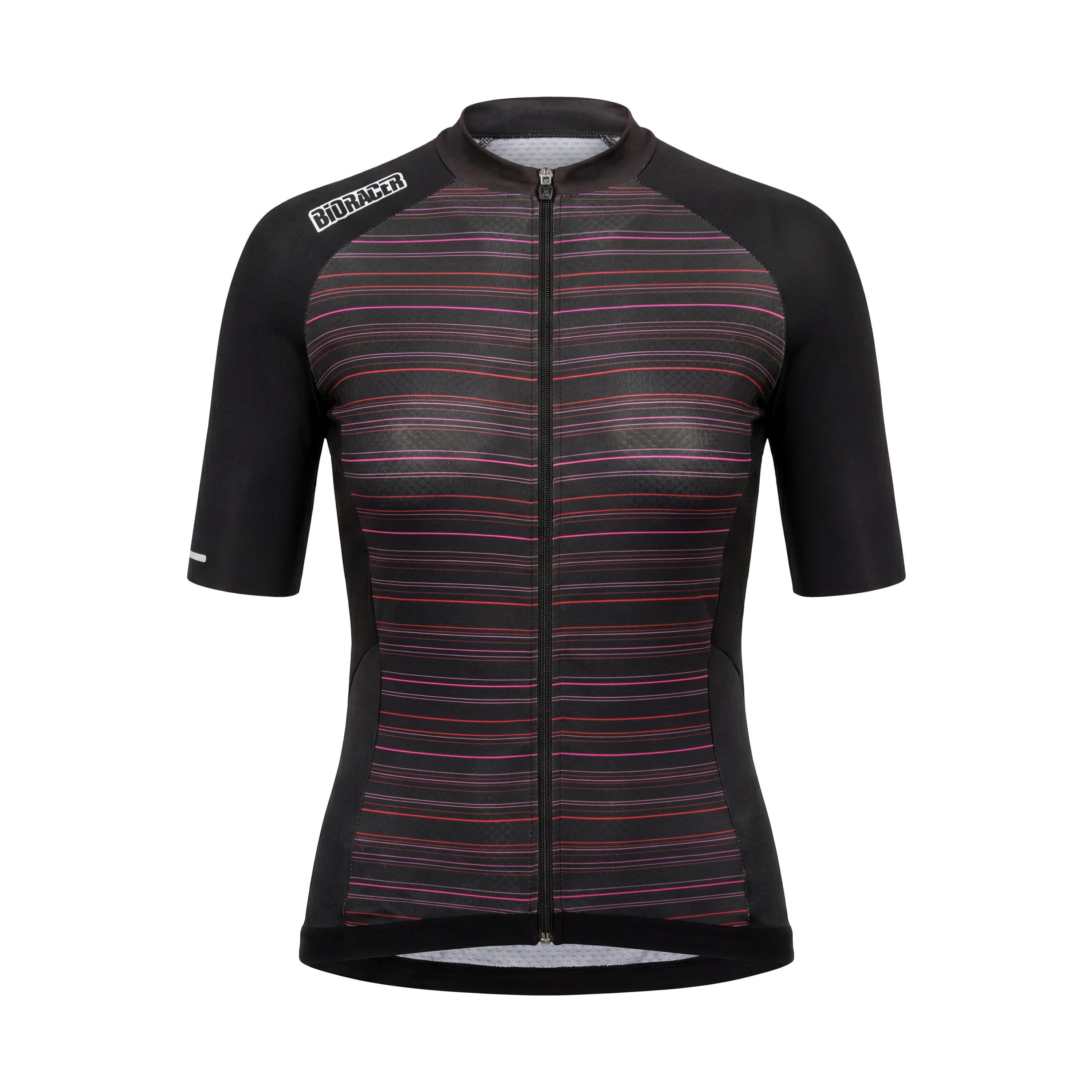 Jersey Feminino Ciclismo Bioracer Sprinter Coldblack Light Preto e Listras Vermelhas - Tamanho M / Novo