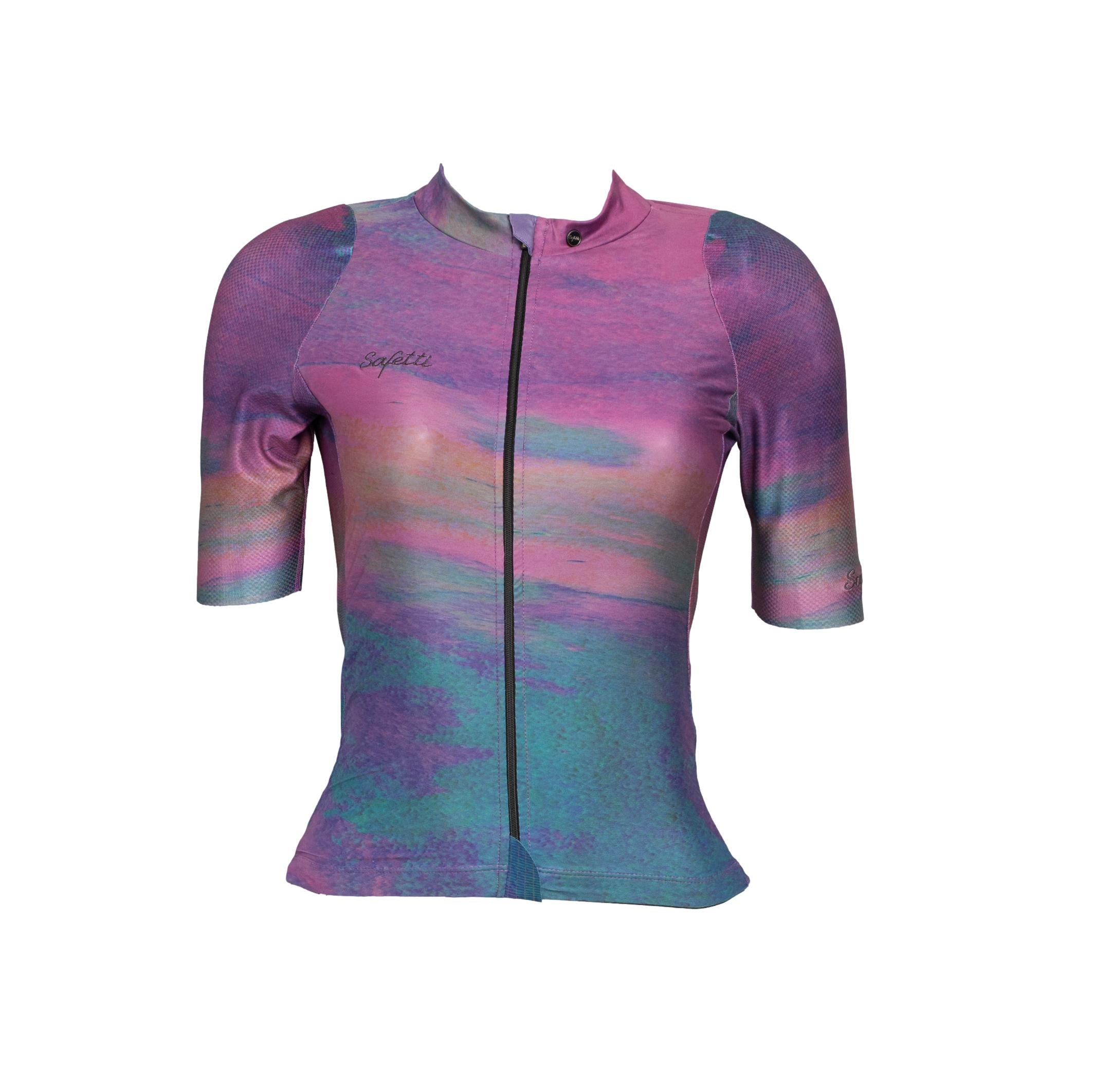 Camiseta Jersey Feminina Ciclismo Safety Libertá Roxo e Verde - Tamanho S