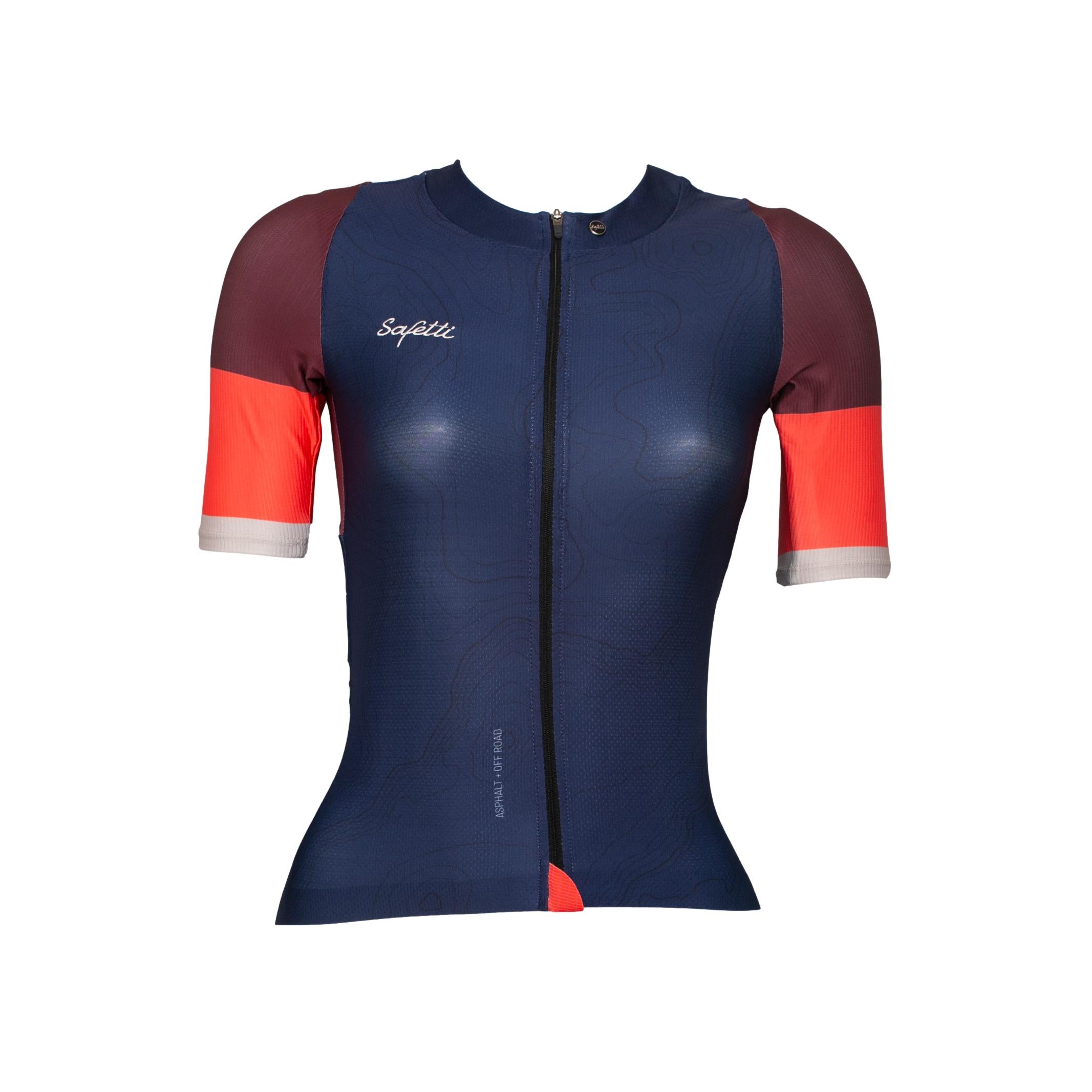 Camiseta Jersey Feminina Ciclismo Safety Uncover Azul/ Marrom/ Vermelho - Tamanho S