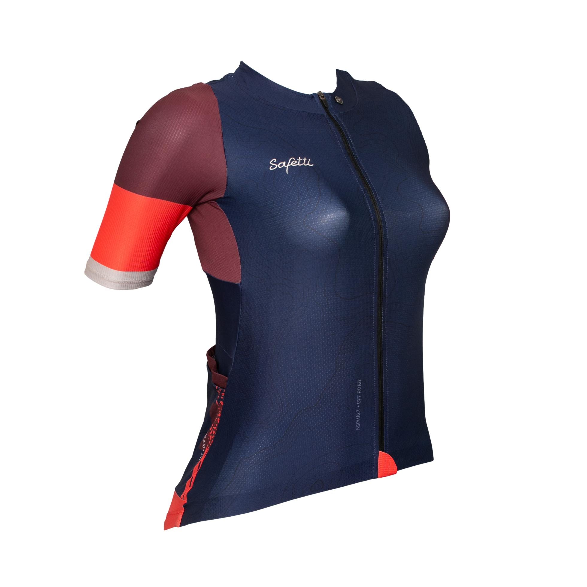 Camiseta Jersey Feminina Ciclismo Safety Uncover Azul/ Marrom/ Vermelho - Tamanho S